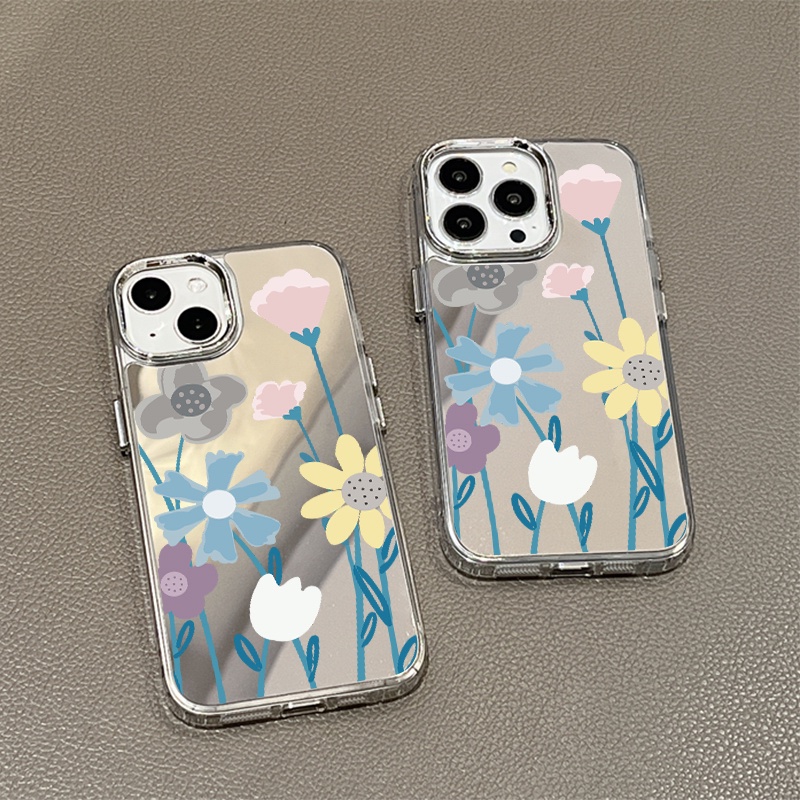 IPHONE Casing Ponsel Cermin Bunga Warna-Warni Kompatibel Untuk Iphone11 12 13 14 12Pro 13Pro 14Pro Pro Max XR X XS Max Electroplating Tombol Perlindungan Mirror Cover