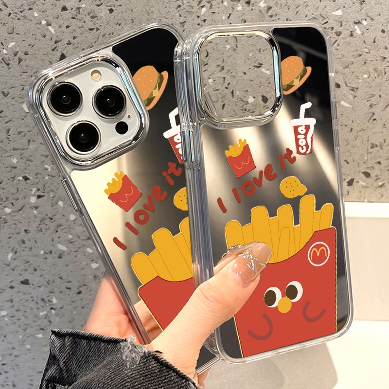 IPHONE Casing Ponsel Cermin Motif Kentang Goreng Kompatibel Untuk Iphone11 12 13 14 12Pro 13Pro 14Pro Pro Max XR X XS Max Electroplating Tombol Perlindungan Mirror Cover