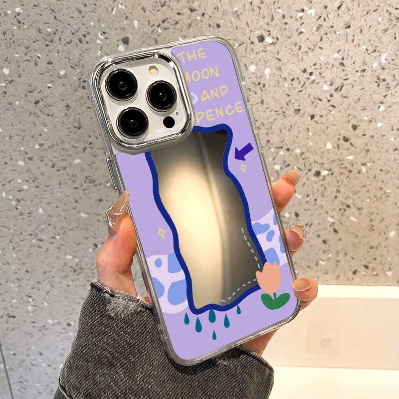 IPHONE Casing Ponsel Cermin Lukisan Ungu Kompatibel Untuk Iphone11 12 13 14 12Pro 13Pro 14Pro Pro Max XR X XS Max Electroplating Tombol Perlindungan Mirror Cover