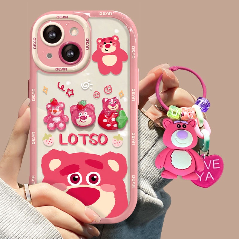 Stereoscopic Doll Puff Lotso Strawberry Bear Silicone SoftCase iPhone XR XS Max 11 12 13 14 Pro Max 14 Plus Girl Woman's Fashion Pretty Cute Phone Case