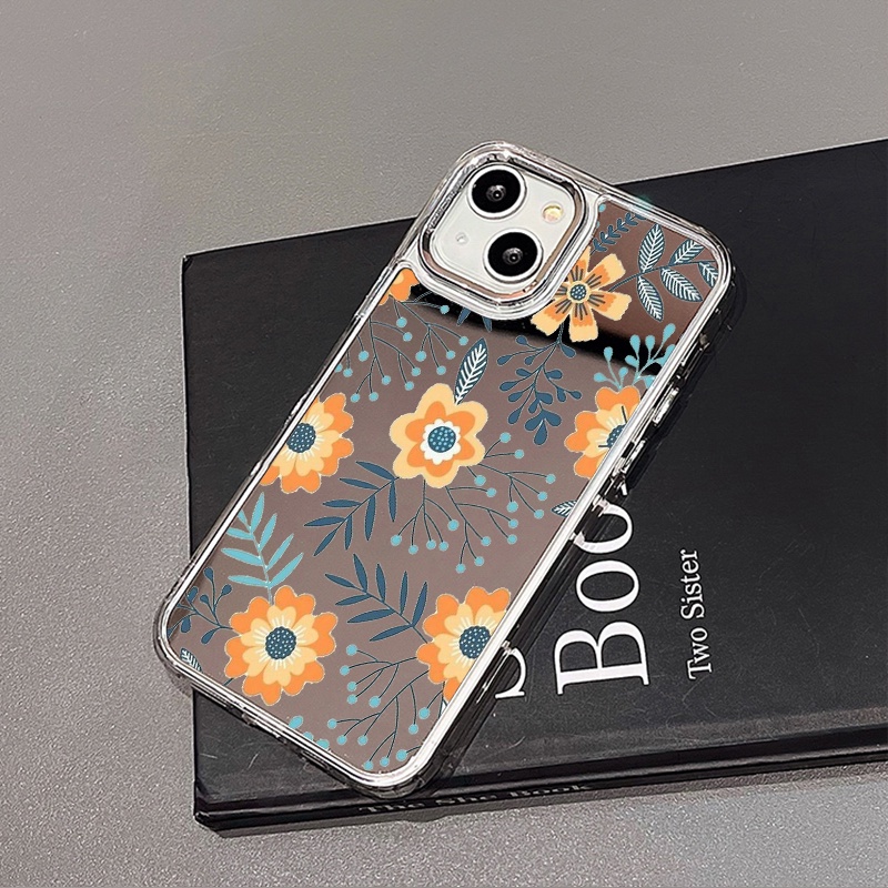 IPHONE Lukisan Bunga Cermin Ponsel Case Kompatibel Untuk Iphone11 12 13 14 12Pro 13Pro 14Pro Pro Max XR X XS Max Electroplating Tombol Perlindungan Mirror Cover