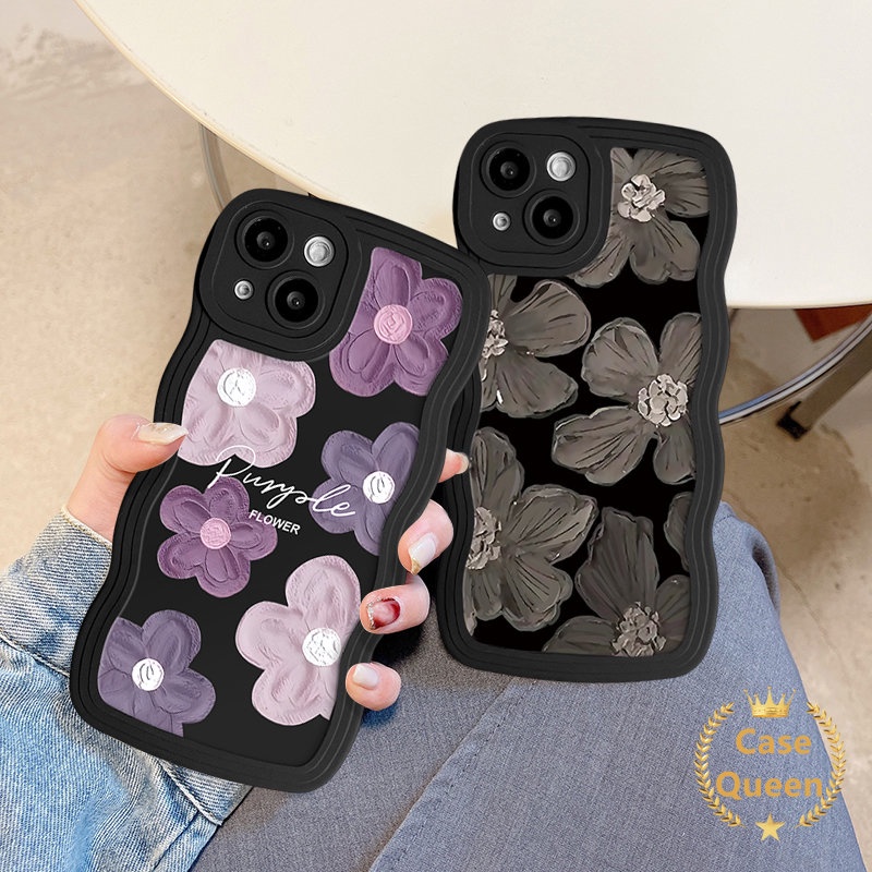 Casing Bunga Segar Untuk Redmi A1 9C 12C 9C Nfc10 9 10C 9T 10A 9A Redmi Note8 11 10S 11s 10 9 Art Fashion Cat Minyak Warna Hitam Ungu Floral Wavy Edge Soft Tpu Cover