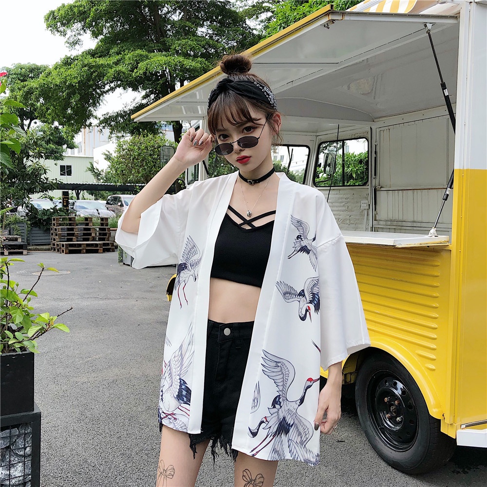 Cetak Derek Hitam Dan Putih Kimono Pantai Pria Dan Wanita Longgar Kardigan Harajuku Jepang Haori Unisex