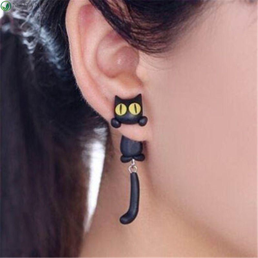 NEEDWAY Needway Kartun Anting Pejantan Warna Solid Kepribadian Pesta Tanah Liat Lembut Desain Fashion Rakun Temperamen Wanita Perhiasan