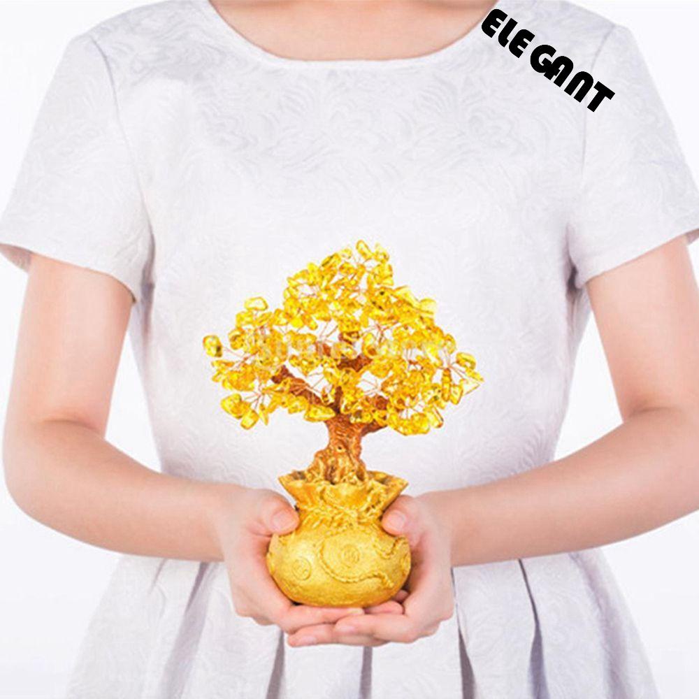 【 ELEGANT 】 Pohon Uang Kristal Kuning Miniatur Alami Patung Feng Shui Gaya Bonsai Dekorasi Kerajinan