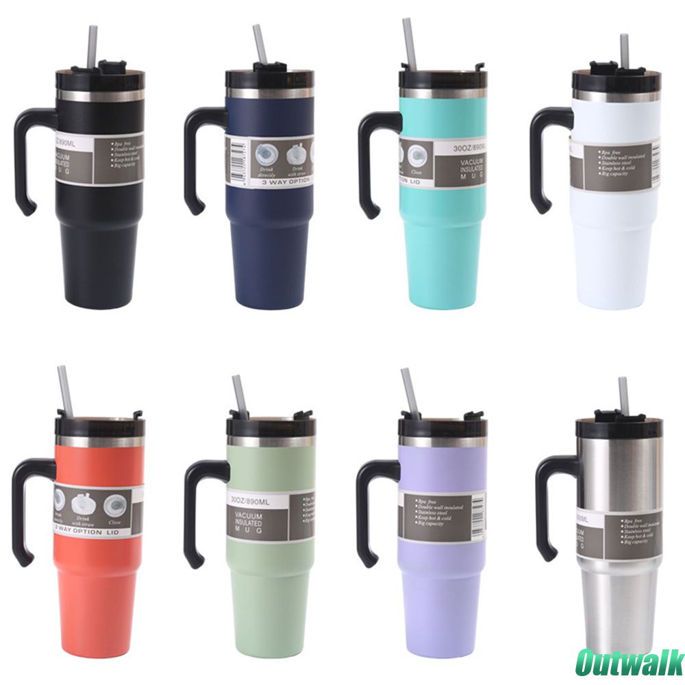 ღ 30oz Cangkir Stainless Steel Kapasitas Besar Botol Air Portabel Mug Minum Anti Bocor Mug Perjalanan Termal Dengan Pegangan Dan Penutup Jerami