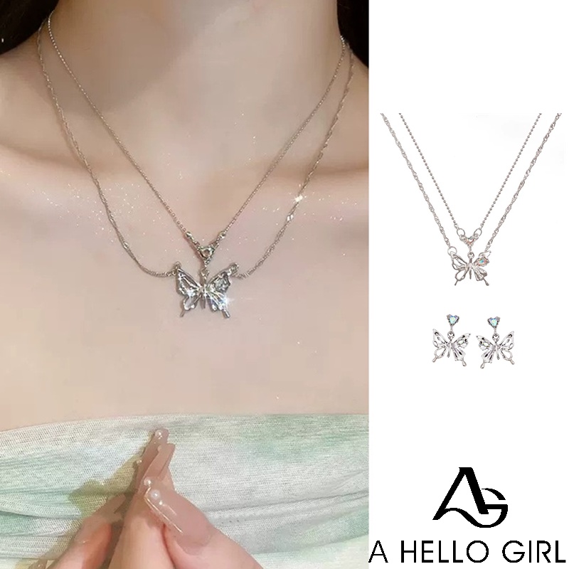 Ahellogirl Xiaohongshu Net Merah Gaya Yang Sama Cinta Kupu-Kupu Anting Perempuan Niche Desain Sederhana Dan Serbaguna Anting Jarum Perak Fashion Anting Dan Kalung