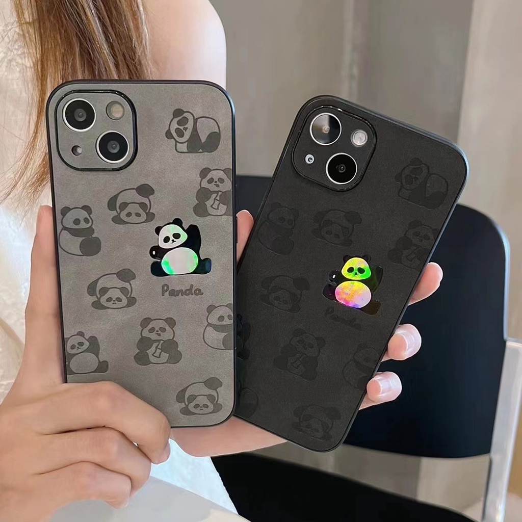 【Gradient Laser】So Cute China Panda Soft Bumper Hard Case IPhone 11 12 13 14 Pro Max Camera Protect for Girl Women Man Men's Fashion Gift Black Gray Cartoon Phone Case