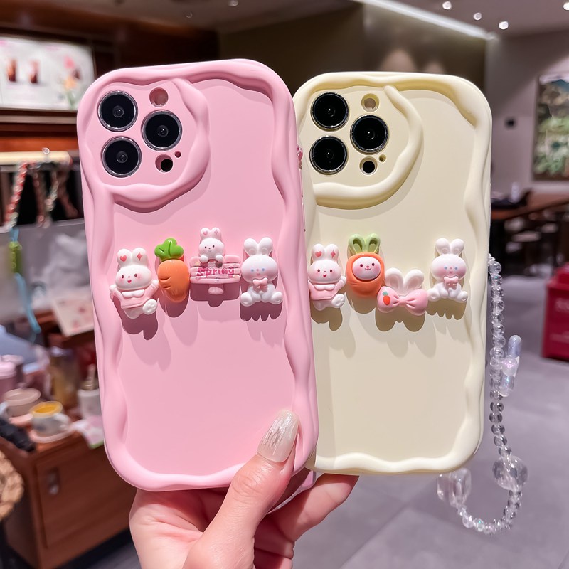 Macaron Yellow Wave Carrot Bunny Lanyard Soft Silicon Case HP iP iPhone 6 6S 7 8 14 + Plus SE 2020 2022 X XS XR 11 12 13 Pro Max Girl Woman Casing