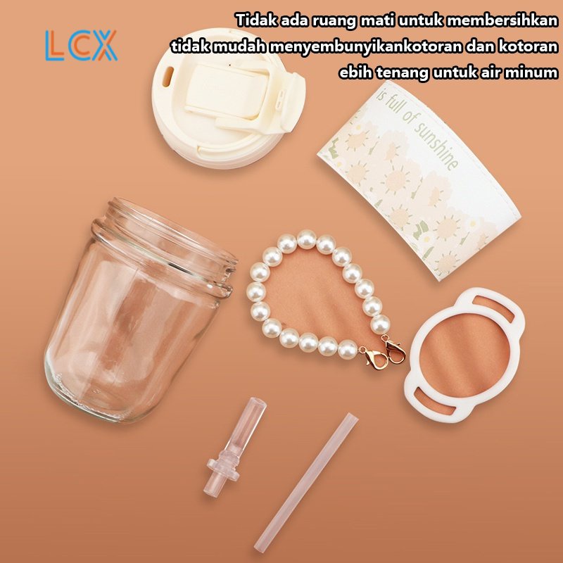 LCX Tumbler Kaca / Botol Lucu Tali Mutiara / Gelas Minum Kaca Simple Elegan Water Bottle Cup For Coffee VS-345