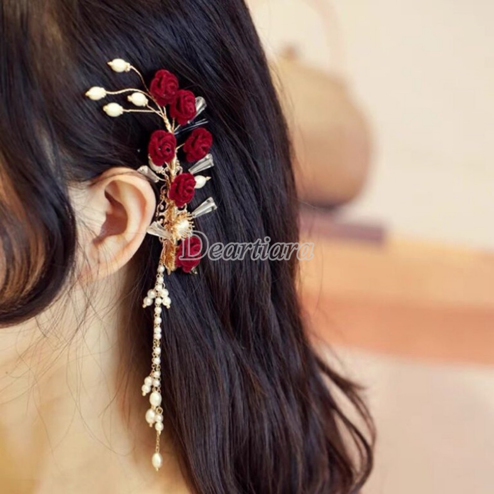 Hiasan Kepala Pengantin Fashion Rumbai Klip Hiasan Kepala Hair Clip Samping Klip Rambut Bunga Merah