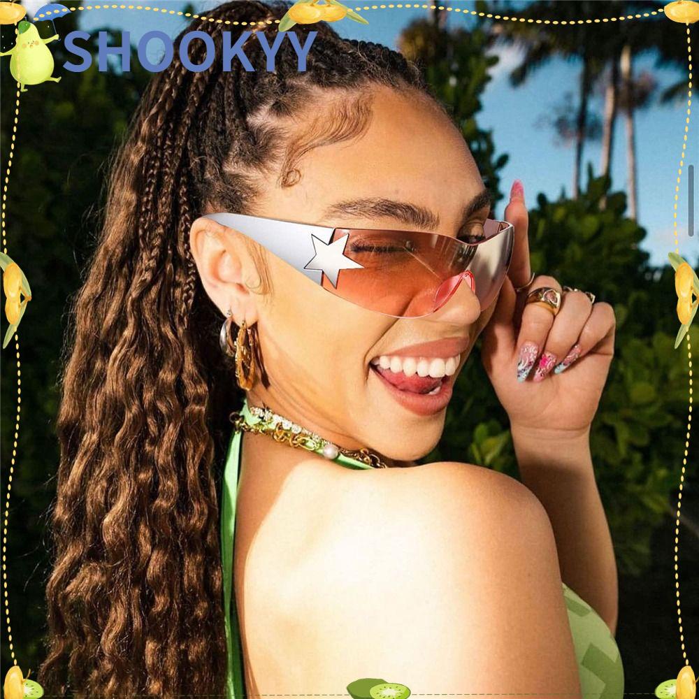 CHOOKYY Y2k Kacamata Hitam Wanita Pria Trendy Oversized Rimless Punk Eyewear Wrap Around