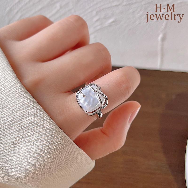 S925 Perak Baru Manis Berliku Cincin Mutiara Retro Bergaya Tetesan Air C-Shaped Open Ring