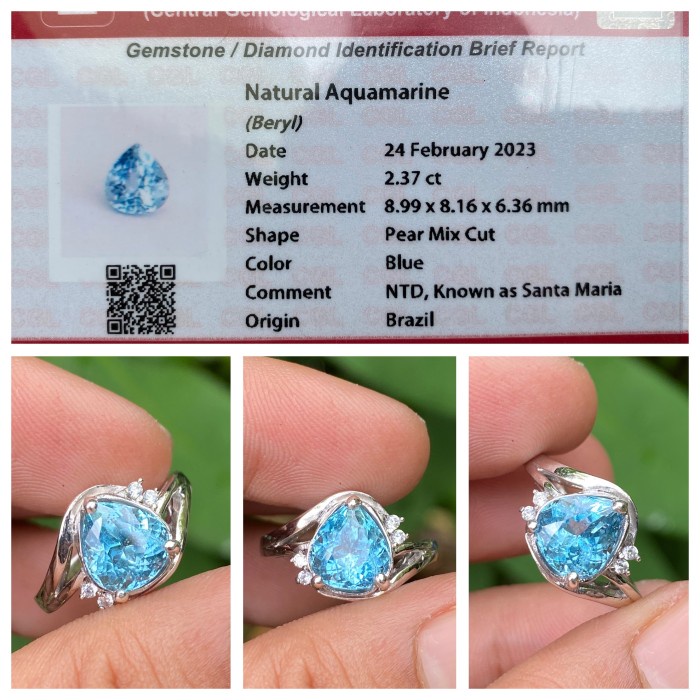 Natural 2.37ct Blue Aquamarine Beryl Santa Maria Ring Perak Wanita