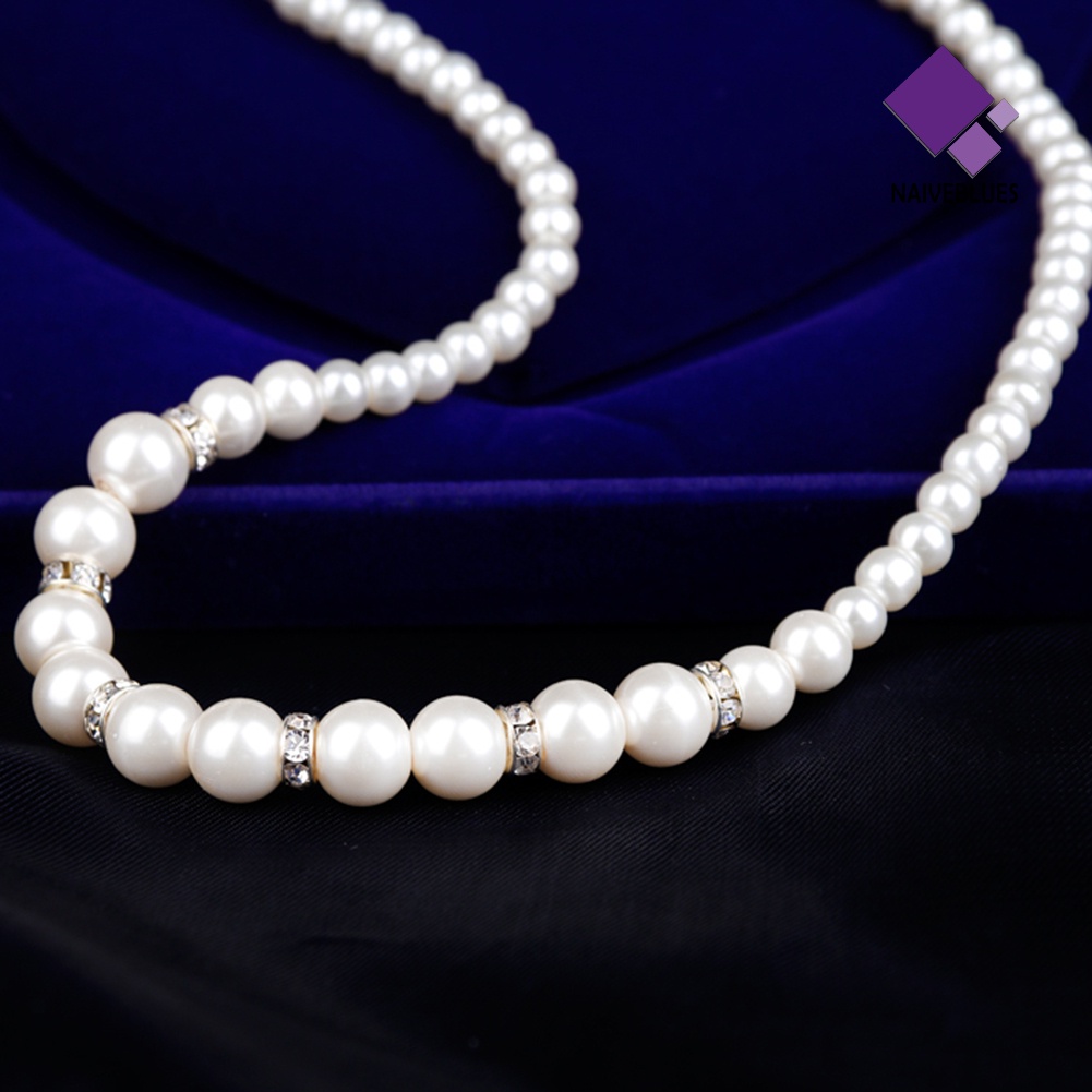 Naiveblue &gt; Wanita Fashion Chic Berlian Imitasi Mutiara Manik-Manik Anting Kalung Set