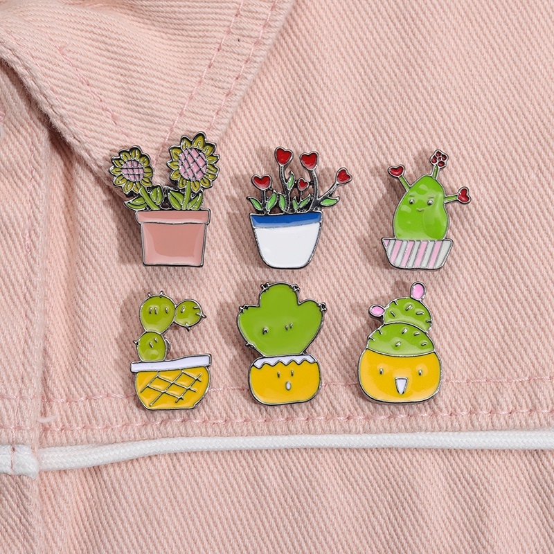 Kaktus Lucu Enamel Pin Kaktus Warna-Warni Pot Bros Lencana Kerah Pin Kartun Tanaman Bros Ransel Perhiasan Hadiah