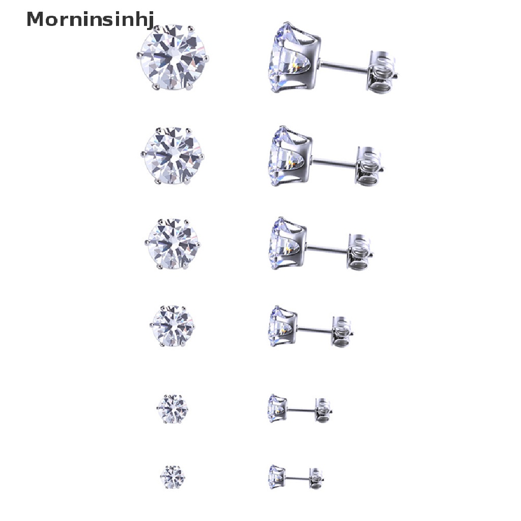 Mornin Anting Tusuk Wanita Bulat Stainless Steel Cubic Zirconia Hias 3mm-8mm 6pasang id