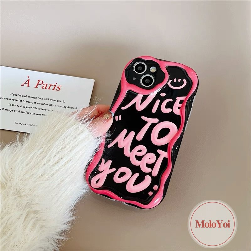 IPHONE Ins Fashion Art Letter Smile Case Kompatibel Untuk Iphone14 11 13 12 Pro Max 7plus XR 6s 6 7 8 Plus X XS Max SE 2020 Lembut 3D Bergelombang Melengkung Tepi Shockproof Airbag Glossy Phone Case