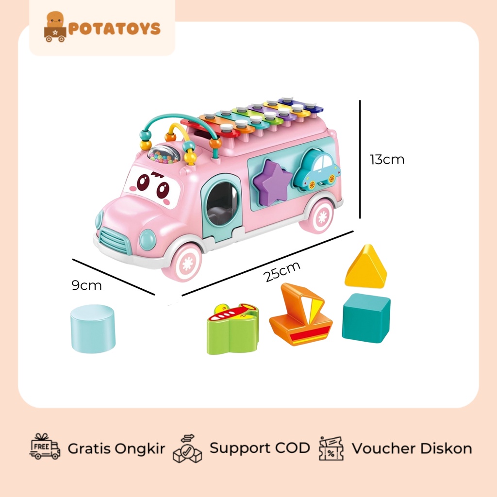 [ Potatoys ] Huanger Music Baby Bus Xylophone / Bus Xylophone Mobil 3in1 / Sorting Bentuk dan Alur Kawat / Mainan Anak Edukasi / Mainan Music