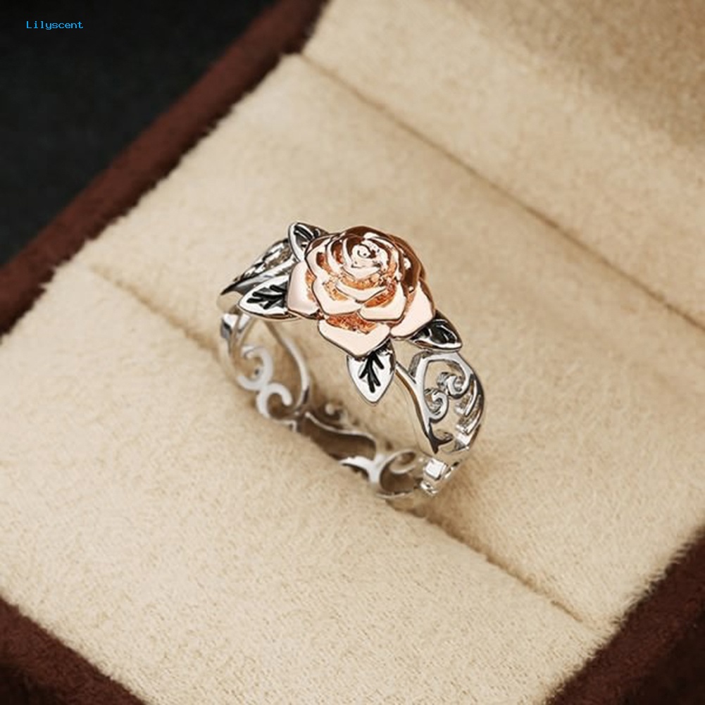 Lilyscent Elegan Two Tone Wanita Bunga Mawar Berongga Band Jari Cincin Pernikahan Perhiasan Hadiah