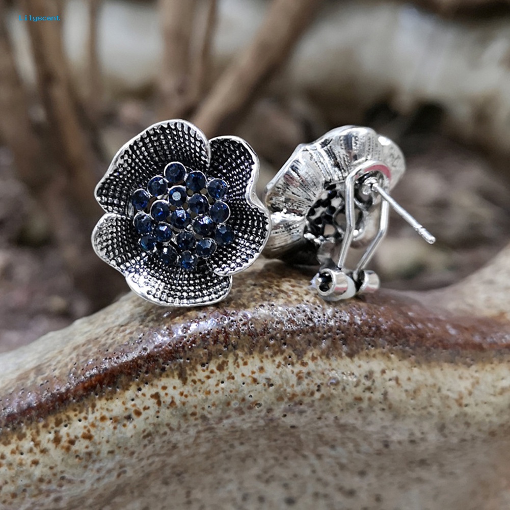 Lilyscent Vintage Wanita Berlian Imitasi Hias Bunga Mawar Bentuk Stud Earrings Perhiasan Hadiah