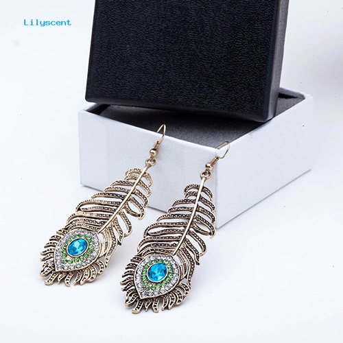 Lilyscent Vintage Wanita Berlian Imitasi Merak Mata Bulu Menjuntai Kait Anting Perhiasan