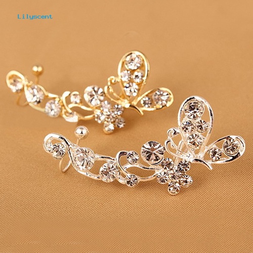 Lilyscent Retro Kristal Imitasi Kupu-Kupu Bunga Telinga Cuff Stud Earring Clip on Untuk Telinga Kanan