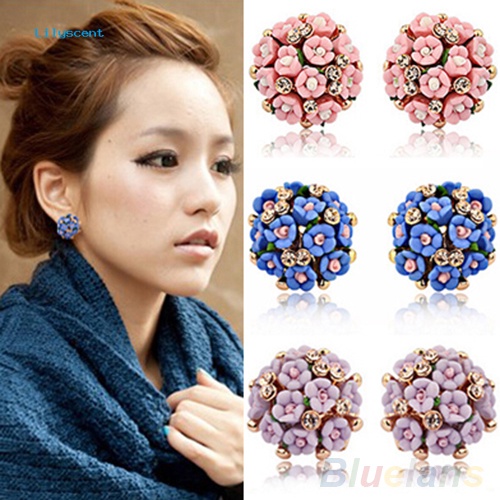 Lilyscent Wanita Gadis Pengantin Pernikahan Perhiasan Bunga Mempesona Berlian Imitasi Klip Stud Earrings