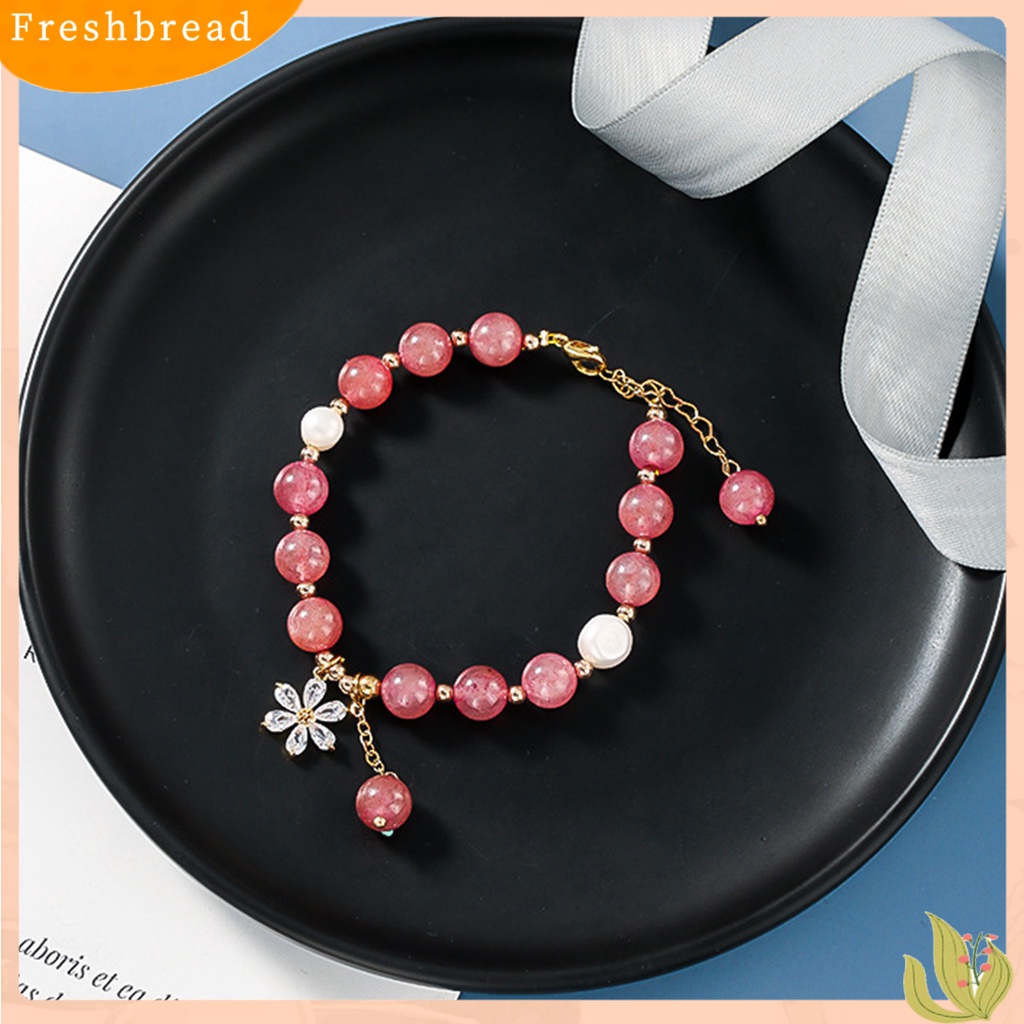 &lt; Freshbread &gt; Wanita Gelang Manik-Manik Manis Mutiara Imitasi Bunga Cubic Zirconia Hadiah Hias Pink Faux Kristal Manik-Manik Bangle Perhiasan Aksesori Busana