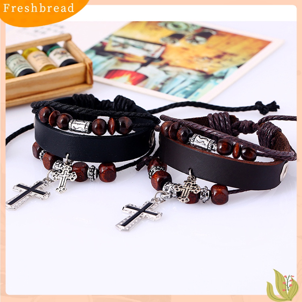 &lt; Freshbread &gt; Vintage The Cross Pendant Multilayer Beads Kulit Imitasi Kepang Gelang Bangle