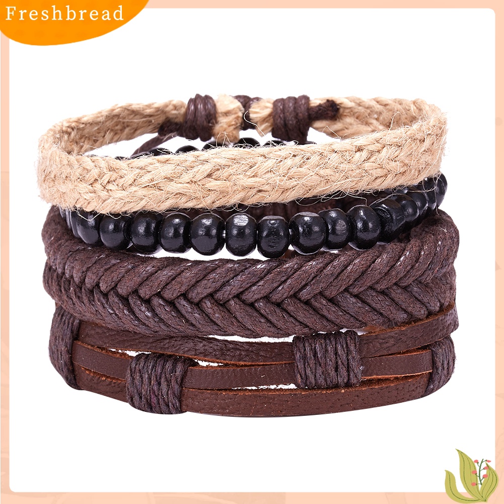 &lt; Freshbread &gt; 4Pcs/Set Vintage Pria Gaya Campur Braided Faux Leather Beaded Bracelet Bangle