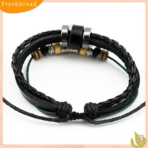 &lt; Freshbread &gt; Unisex Multi-layer Gelang Kulit Imitasi Daun Liontin Beads Adjustable Jewelry