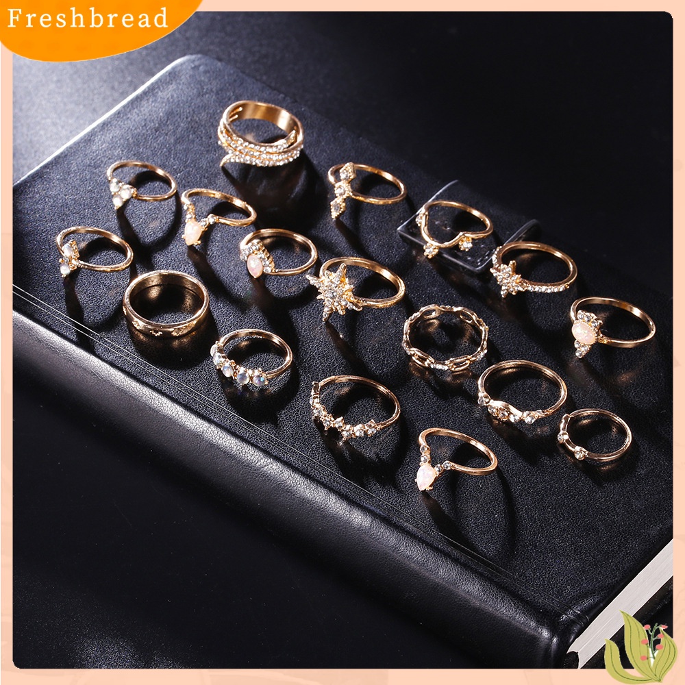 &lt; Freshbread &gt; 17 Pcs Cincin Buku Jari Stackable Ukir Unik Alloy Boho Gaya Etnik Faux Permata Jari Rings Perhiasan Aksesori