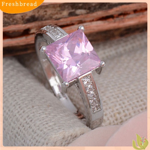 &lt; Freshbread &gt; Cincin Wanita Perak Lapis Pink Kotak Cubic Zirconia CZ Shiny Finger Ring Us7 8 9