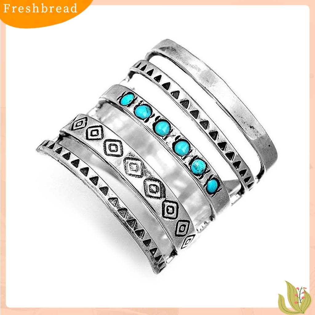 &lt; Freshbread &gt; Wanita Cincin Multilayer Lebar Pirus Dekorasi Simbol Pola Berongga Bohomia Bersama Cincin Perhiasan Aksesoris