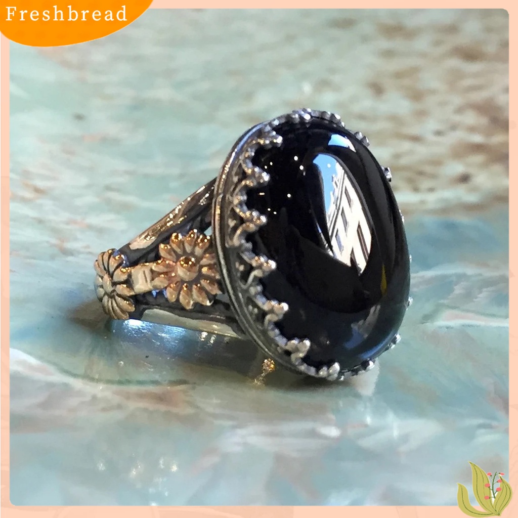 &lt; Freshbread &gt; Cincin Unisex Lebar Gaya Batu Ukir Pola Bunga Cincin Permata Imitasi Aksesoris Perhiasan