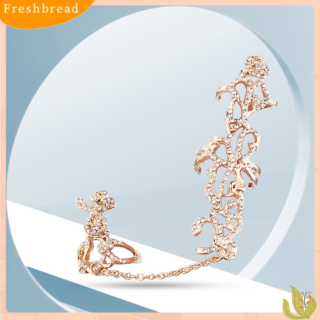 &lt; Freshbread &gt; Cincin Jari Adjustable Berlian Imitasi Tertanam Alloy Hollow Rose Flower Knuckle Chain Ring Untuk Pesta