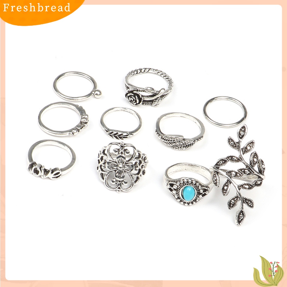 &lt; Freshbread &gt; 10 Pcs Wanita Retro Mawar Ukir Imitasi Pirus Susun Jari Cincin Perhiasan Hadiah