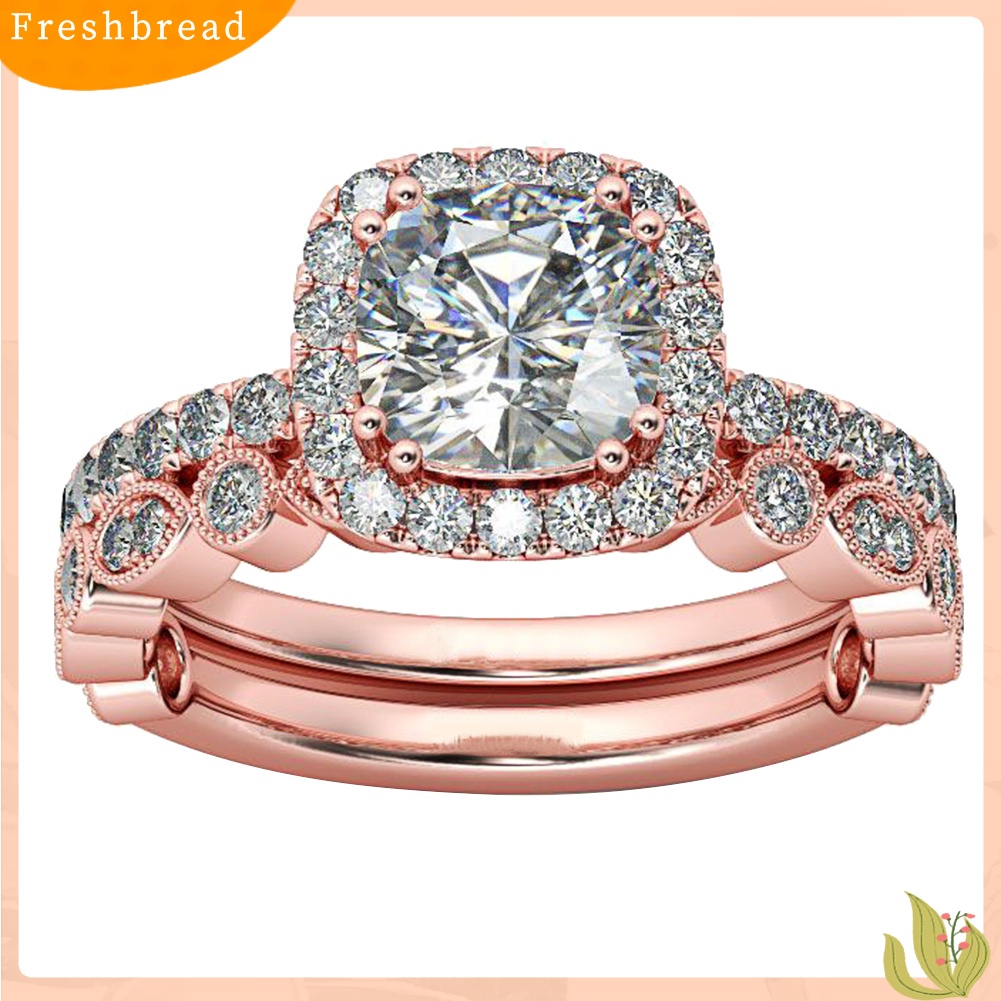 &lt; Freshbread &gt; 2Pcs/Set Wanita Emerald Cut Cubic Zirconia Stacking Finger Ring Perhiasan Pernikahan