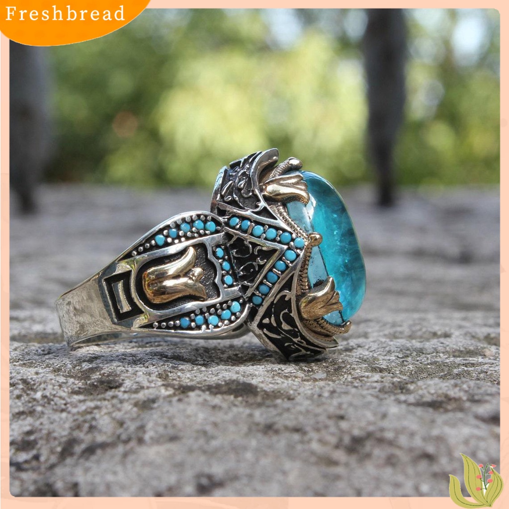 &lt; Freshbread &gt; Cincin Laki-Laki Gaya Eropa Dan Amerika Kepribadian Tangan Ukiran Vintage Hias Batu Biru Cincin Pernikahan Aksesori Perhiasan