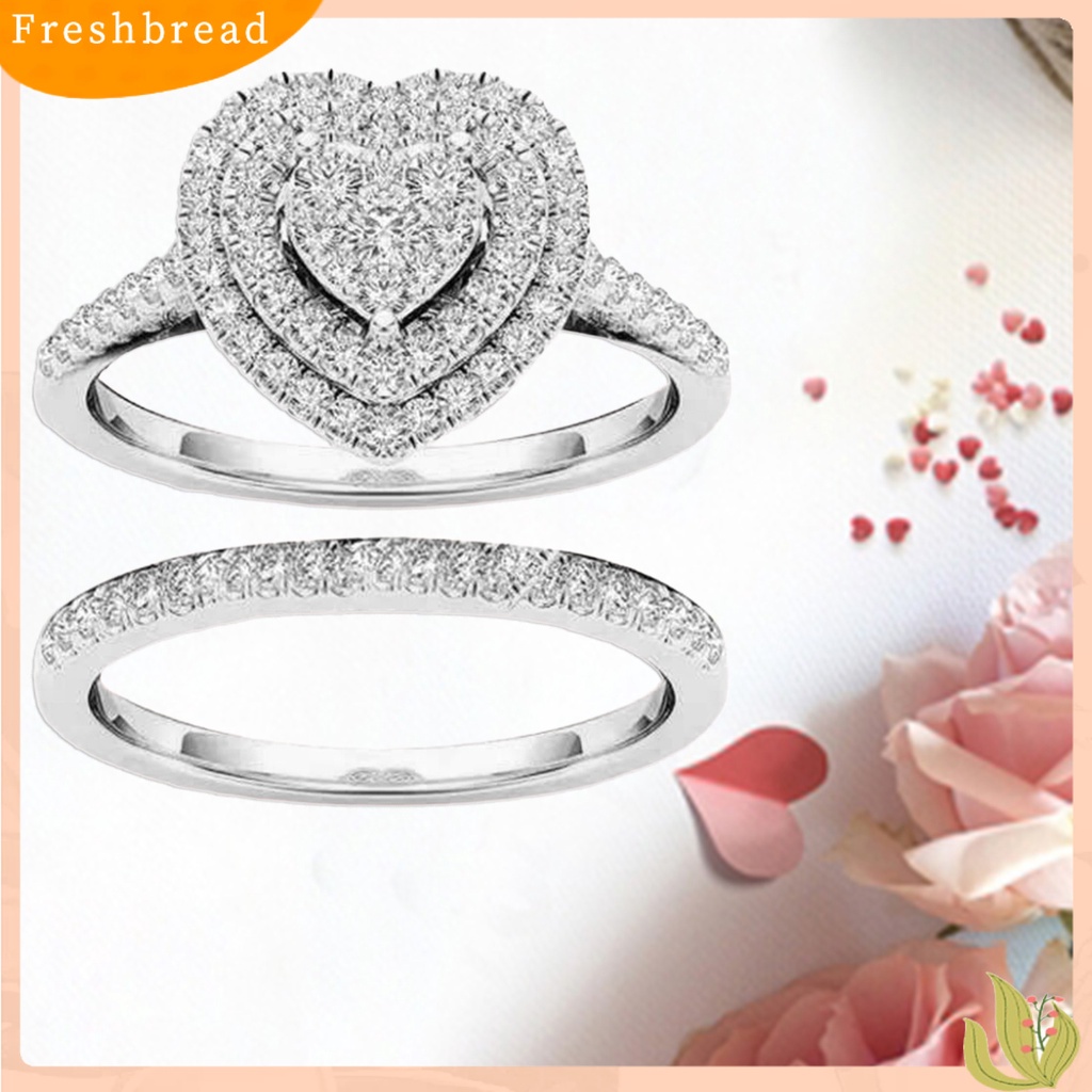 &lt; Freshbread &gt; 2Pcs/Set Cincin Menarik Hias Alloy Halus Bentuk Hati Berlian Imitasi Wanita Bridal Ring Untuk Pernikahan