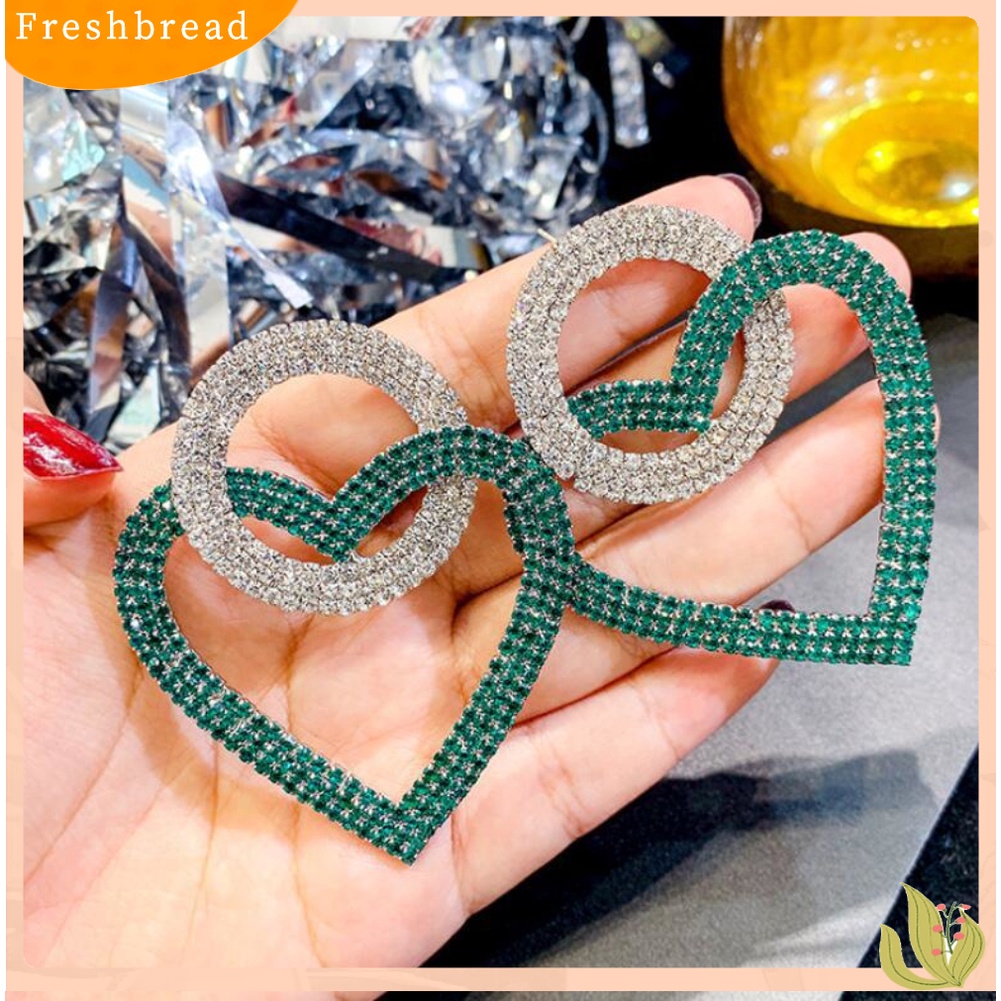 &lt; Freshbread &gt; Wanita Berlian Imitasi Hias Hati Bulat Menjuntai Telinga Stud Anting Pesta Perhiasan Hadiah