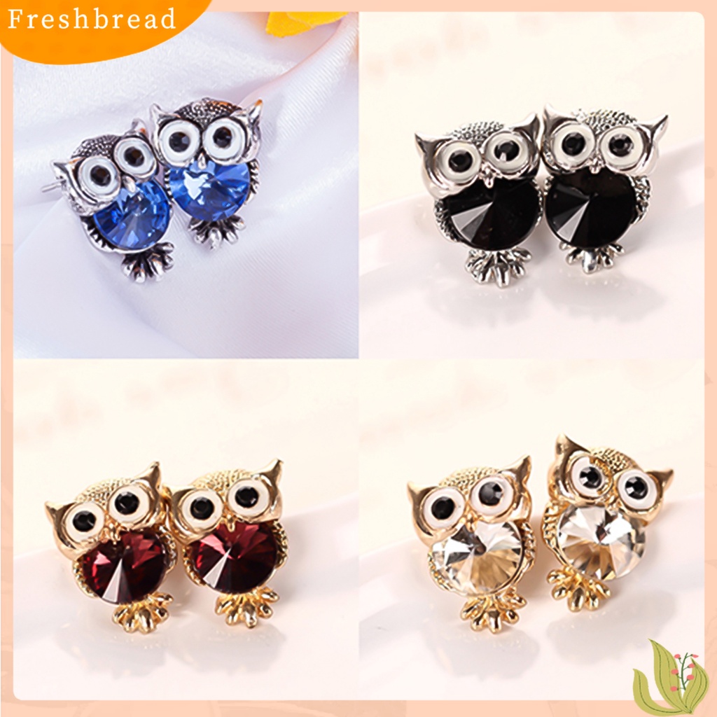 < Freshbread > Ear Studs Owl Berbentuk Berlian Imitasi Hias Alloy Stud Earrings Charm Perhiasan Fashion Untuk Pesta
