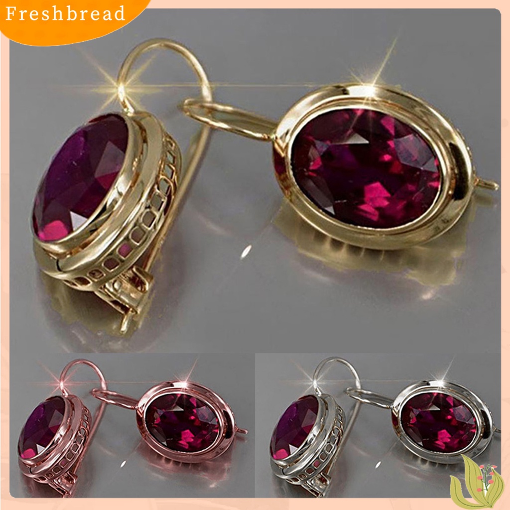 &lt; Freshbread &gt; 1pasang Merah Berlian Imitasi Wanita Anting Oval Alloy Berongga Shiny Clip Earrings Perhiasan Pernikahan