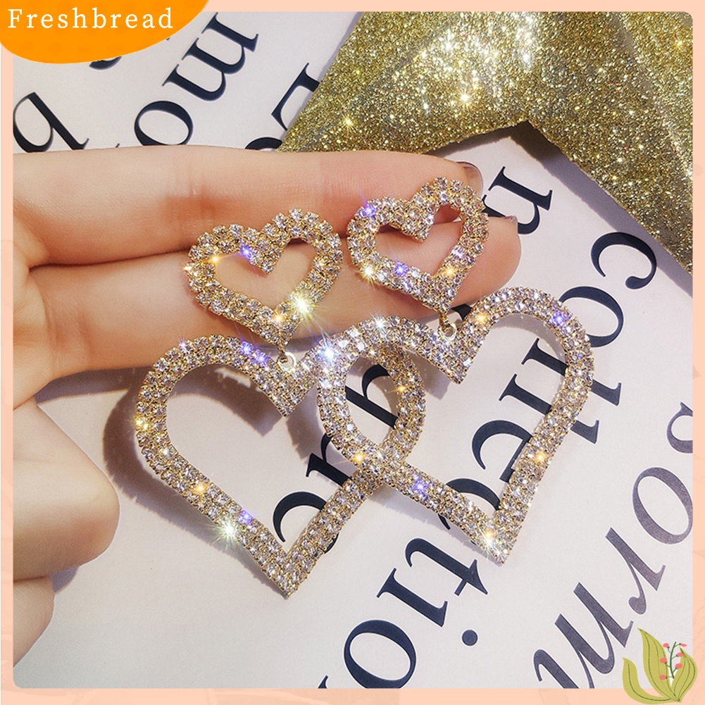 < Freshbread > Mewah Penuh Berlian Imitasi Berongga Ganda Cinta Hati Wanita Stud Earrings Perhiasan Hadiah