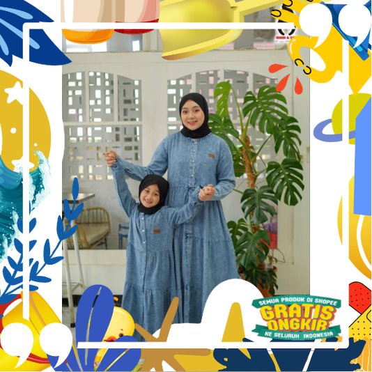 Gamis Couple Dewasa Anak/Gamis Jeans Anak 2-16 Tahun / Dress Remaja Murah/ kopel ibu copel couple