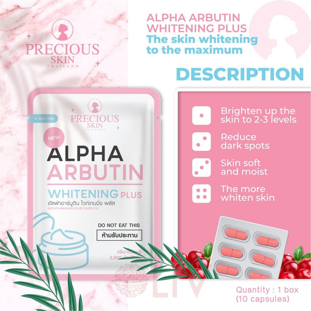 Precious Skin Thailand Alpha Arbutin Whitening Plus Powder Bubuk Pemutih Badan Bubuk Kapsul Lotion