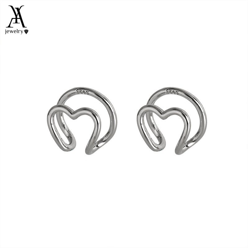 AY(CN) Anting Klip Bentuk Hati Model Hollow Warna Silver Untuk Wanita