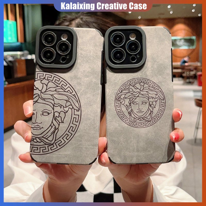 Versace Casing Kulit Untuk iPhone 14 Pro Max 13 Pro Max12 11 Xs Max 7Plus XR Xs Max Empat Sudut Anti Jatuh Case Printing Soft Cover