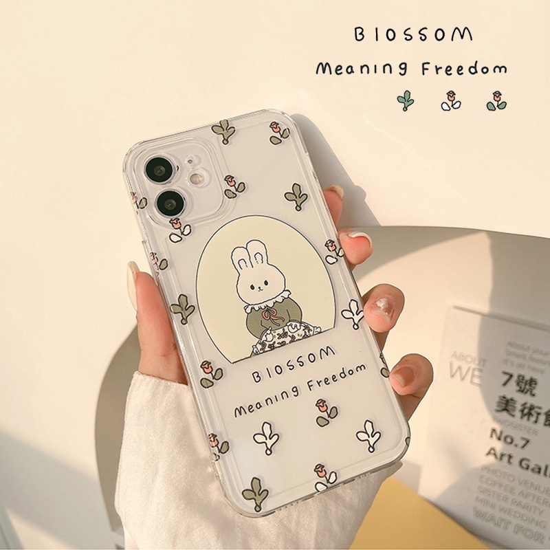 IPHONE Gadis Kartun Bunny Kelinci Dengan Bunga Mawar Lembut Transparan Casing Ponsel Cover Untuk Iphone7 8 PLUS X XR XS 11 12 13 MINI PRO MAX SE 2020